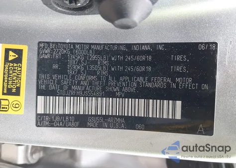 2018 Toyota Highlander Xle z USA, uszkodzony, nr VIN 5TDJZRFH9JS554891